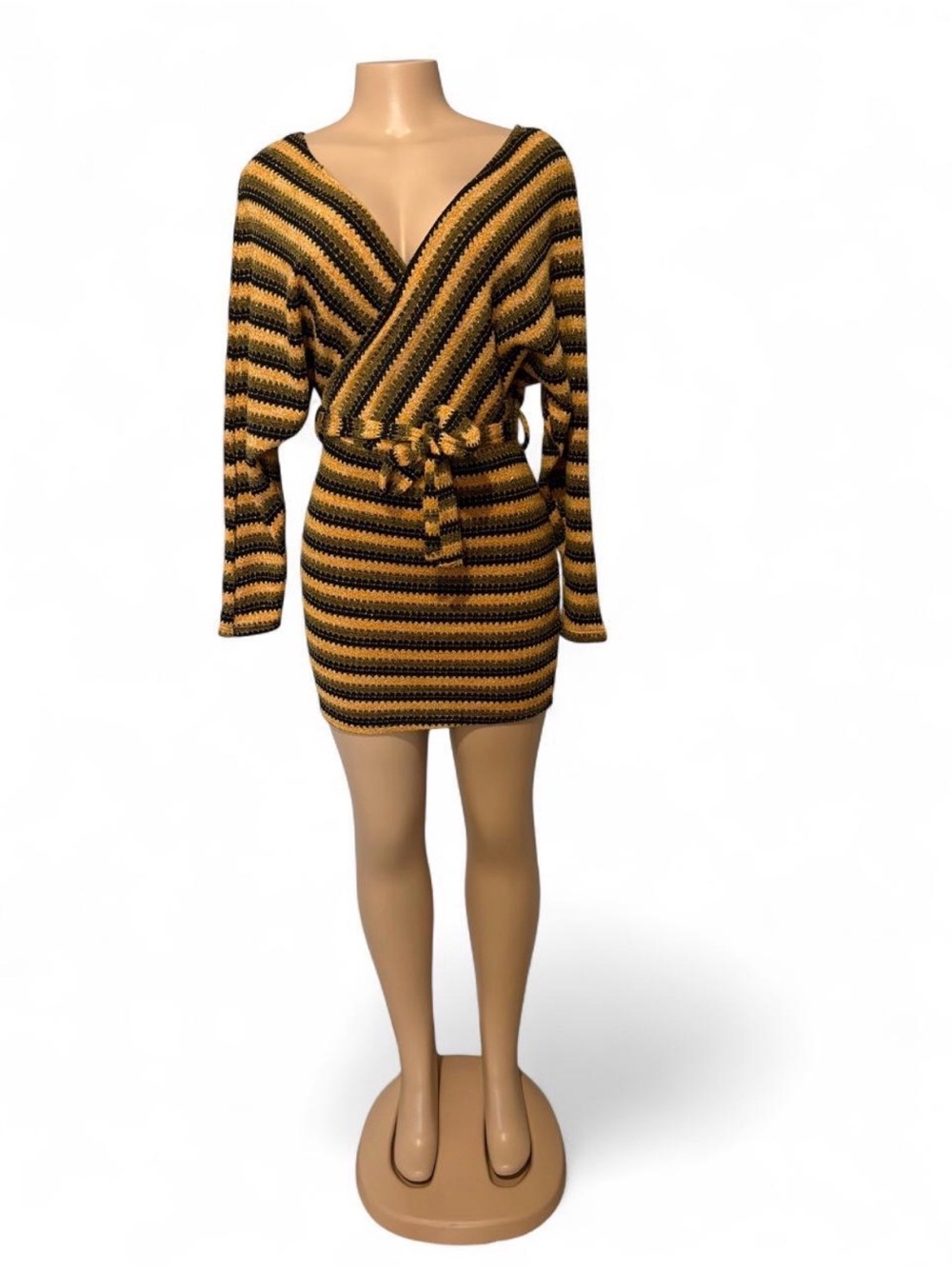 Striped Knit Mini Dress - Black and Tan